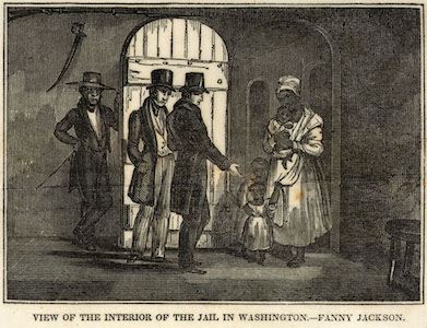 A woodprint of an enslaved woman and her three young children inside the Washington Jail.